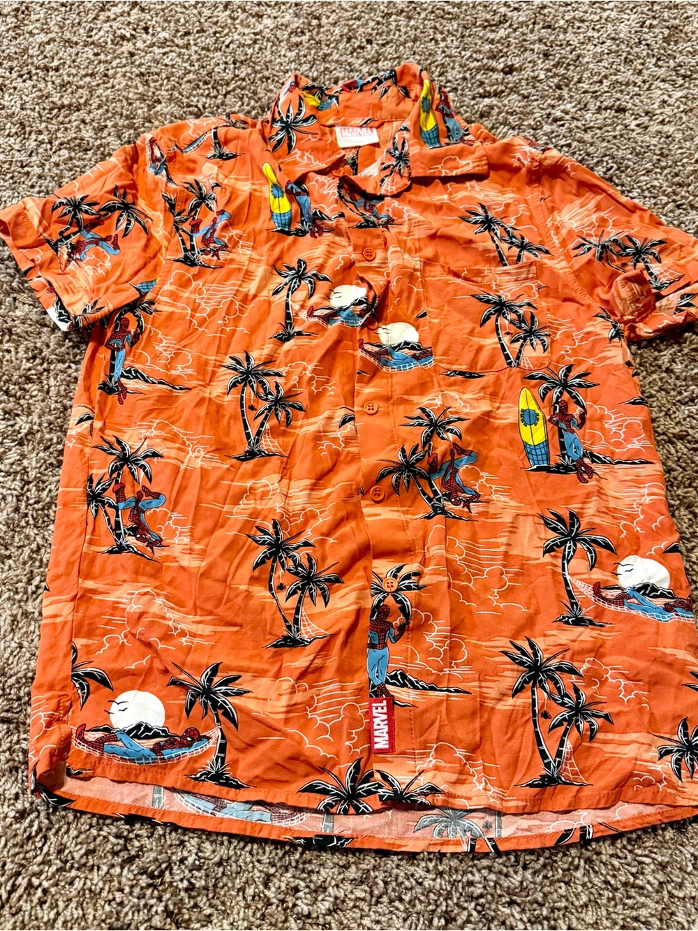 Men’s Small Marvel spiderman Orange Hawaiian Print Short-Sleeve Button-Up Shirt